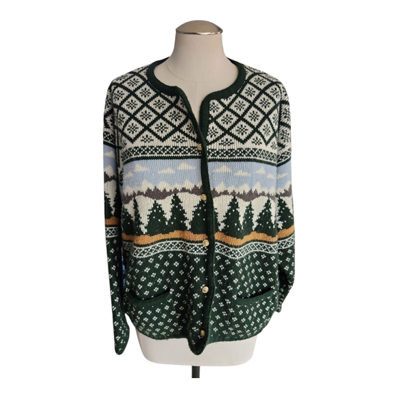 croft & barrow Sweaters - Vintage 80s Winter Landscape Cardigan Button Up XL